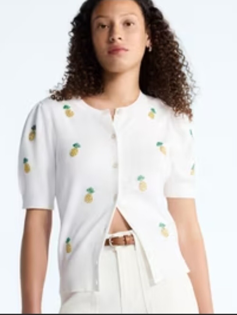 Women’s White Pineapple Embroidered Short-Sleeve Cardigan